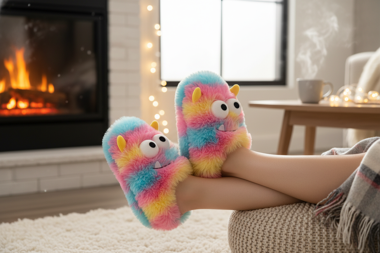 a woman wearing a fuzzy cute monster slippers
