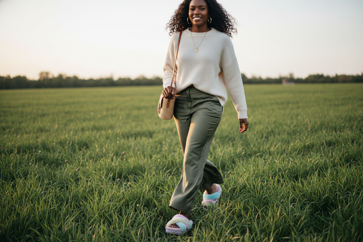 make me a picture of a black woman walking in grass wearing a fuzzy cute slipper fashionable