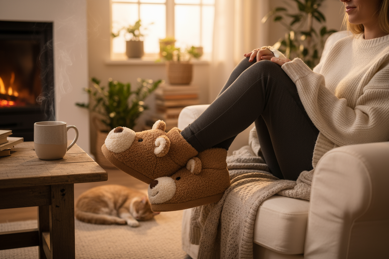 woman wearing a fuzzy animal slippers